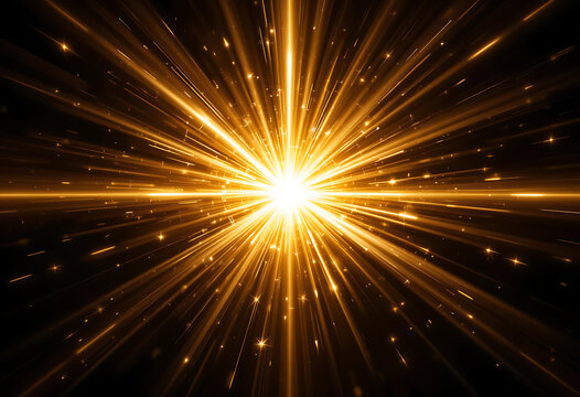 Golden Light Burst Energy Effect. Glowing Radiant Starburst on Dark Background. Abstract Magical Flash Overlay for Digital Art.perfect for overlays, fantasy scenes, or graphic effects"