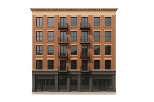 Modern urban residential structure displaying brick facade, multilevel balconies, ground-floor commercial space, standing against transparent background