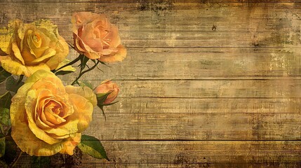 Yellow roses on vintage wood background
