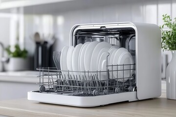 Compact White Portable Dishwasher in Minimalist Kitchen Setting