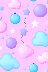 Dreamy pastel cartoon clouds, stars, and ornaments on a soft pink backdrop