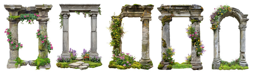 Naklejka premium PNG Ancient stone arches adorned greenery, element set on transparent background