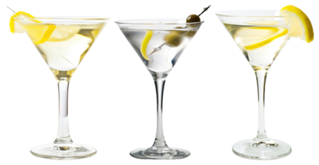PNG Elegant martini glasses with garnishes, element set on transparent background
