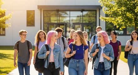 Diverse group of smiling students walking together on campus sidewalk