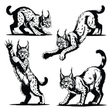 Pixel Art Lynx: Four Dynamic Poses - Black and White Cat Illustrations