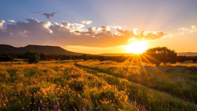 A breathtaking view of a wildflower-filled meadow bathed in the golden light of sunset. Vibrant orange and purple flowers cover the field, while a winding path leads toward a tree and distant hills. 