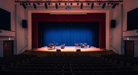Empty auditorium stage with musical instruments and red and blue curtains