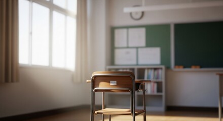 Empty classroom with sunlit desk, chalkboard, and serene atmosphere