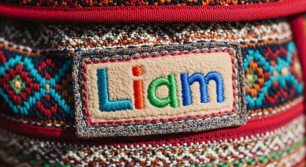 Embroidered "Liam" Patch on Colorful Woven Fabric with Red Border Detail