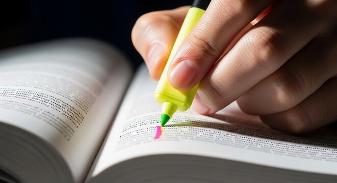 Hand highlighting text in an open book with a bright yellow highlighter