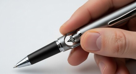 Macro shot of a unique pen with visible mechanism held by a hand