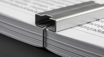 Macro shot of a metal staple holding together a stack of printed paper