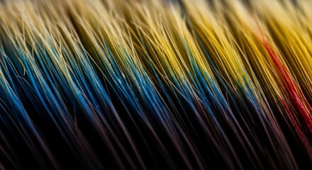Macro Shot of Paintbrush Bristles with Blue, Yellow, and Red Hues
