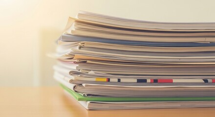 Overwhelming stack of papers and documents on a wooden desk, office paperwork