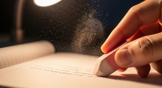 Pink Eraser Correcting Handwritten Text Under Warm Desk Lamp, Creating Dust Cloud