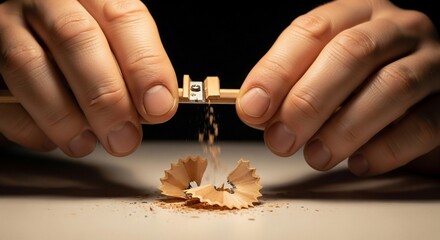 Sharpening a pencil with a handheld sharpener, wood shavings falling