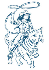 Cowgirl Riding Giant Cat with Lasso – Funny Western Fantasy Tee png transparent