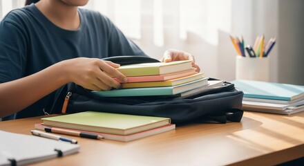 Student packing colorful books into a black backpack on a wooden desk