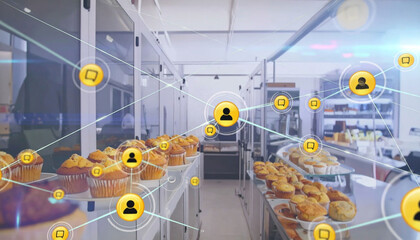 A bakery interior digitally overlaid with a network of interconnected user icons and chat bubbles, suggesting online engagement and customer interactions