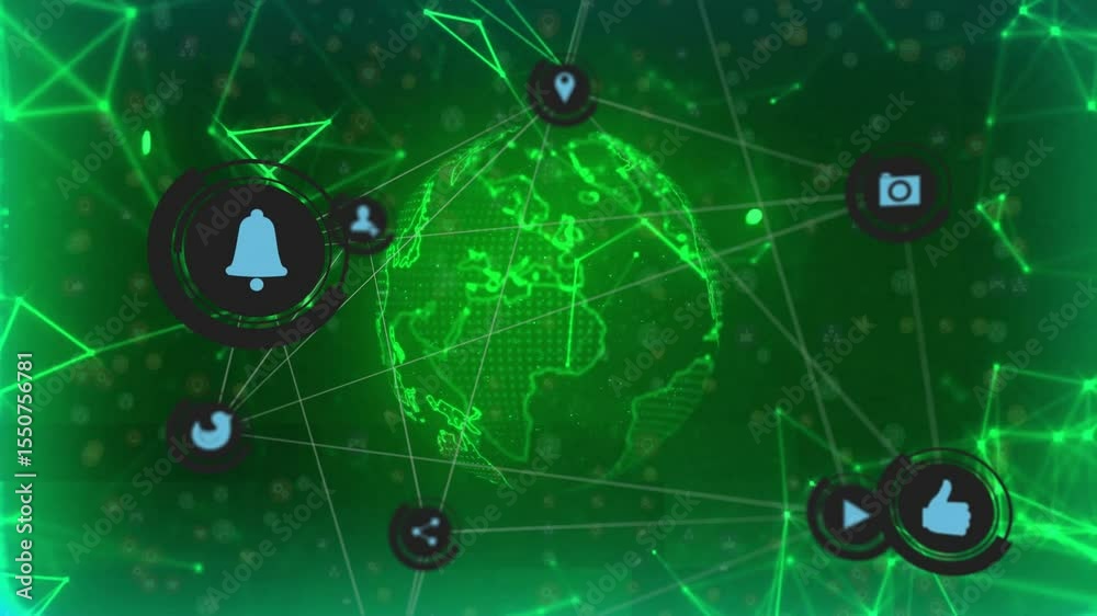 Poster network powering wireframe globe materializing with orbiting icons pulsing rotating continents