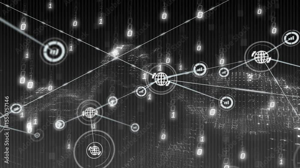 Poster central globe icon appearing, network extending nodes and streaming digits showing tech data flow