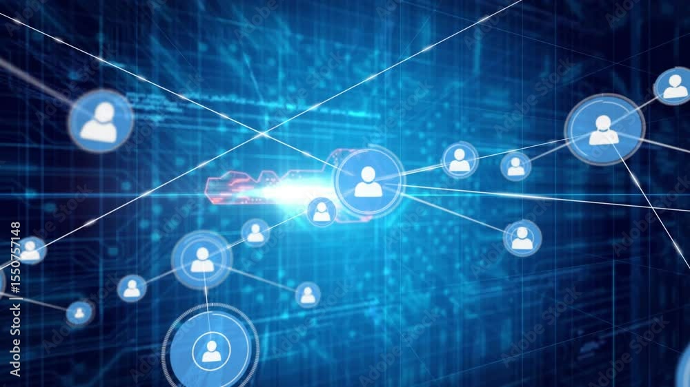Poster icon emitting flare and expanding network rerouting lines and forming secure key shape in tech grid