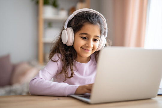 Smiling Indian girl wearing headphones studying online at home using laptop in bright cozy room