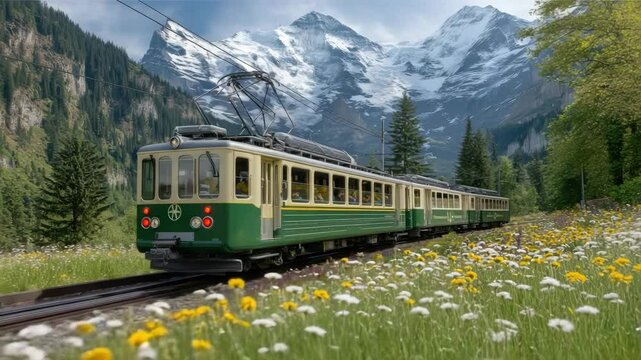 Alpine Ascent &ndash; Swiss Cogwheel Train Through Bernese Oberland Meadows