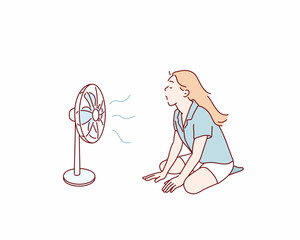 Obraz na płótnie Canvas Young Woman Cooling Off with Electric Fan on Hot Summer Day. Hand drawn style vector design illustrations.