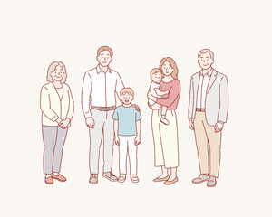 Obraz na płótnie Canvas Happy big family portrait. Mom and dad, children and grandparents. Hand drawn style vector design illustrations.