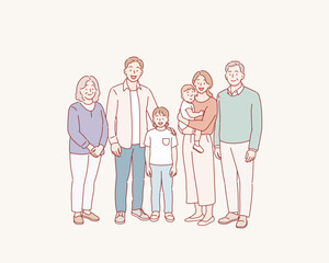 Naklejka na ściany i meble Happy big family portrait. Mom and dad, children and grandparents. Hand drawn style vector design illustrations.