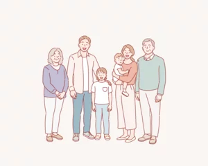 Selbstklebende Fototapeten Happy big family portrait. Mom and dad, children and grandparents. Hand drawn style vector design illustrations. © autumnn