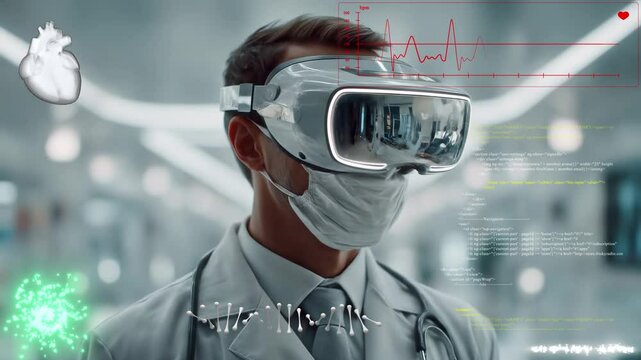 A doctor in a virtual or augmented reality headset stands in a modern medical environment. Futuristic hospital setting - Powered by Adobe