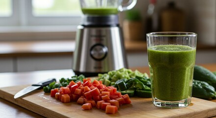 Green smoothie preparation with fresh ingredients for healthy breakfast or nutritious snack.