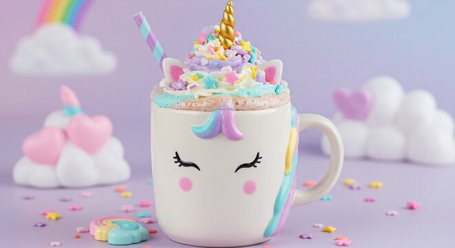 Magical unicorn themed hot chocolate drink in a decorative mug with a sprinkle topping and colorful straw