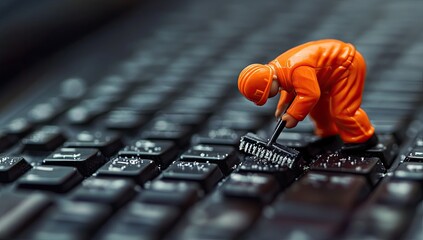 Miniature worker cleaning a computer keyboard