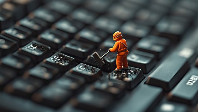 Miniature worker cleans a keyboard