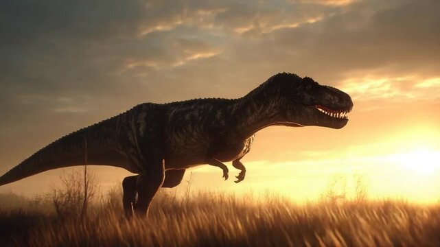 A majestic Tyrannosaurus Rex silhouetted against a vibrant sunset, standing in a tall-grass field.