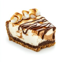 a s'mores cheesecake with a graham cracker crust, marshmallow topping, and a drizzle of melted chocolate, isolated on a white background