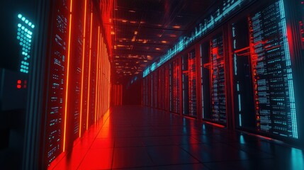 Futuristic data center with neon lights and advanced technology