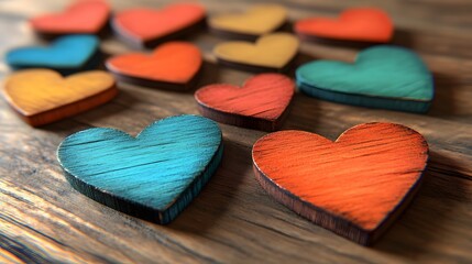 Colorful Wooden Hearts on Rustic Wood Background