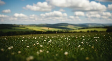 Lush green field speckled with tiny white flowers stretching to distant rolling hills under blue sky.