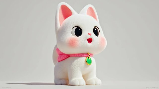 White cartoon cat talking in seamless loop | cute pink ribbon cat character for charming animated clips