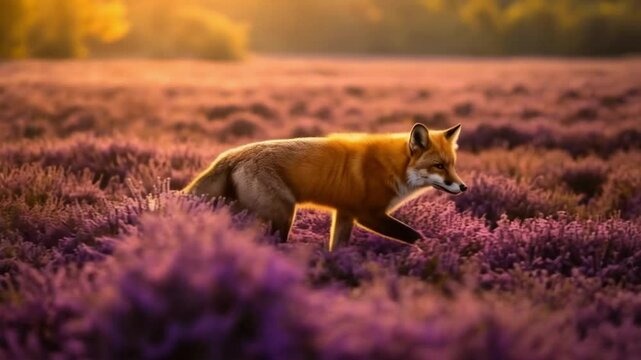 A red fox walking through a field of purple flowers during a golden hour sunset light scene video