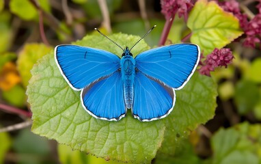Fototapeta premium Vibrant Blue Butterfly on Green Leaf in Nature