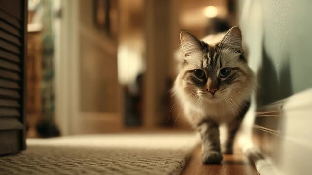 A graceful siberian cat gracefully struts down a cozy hallway, showcasing elegance and charm