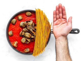 Clams, pasta, and sauce in a pan