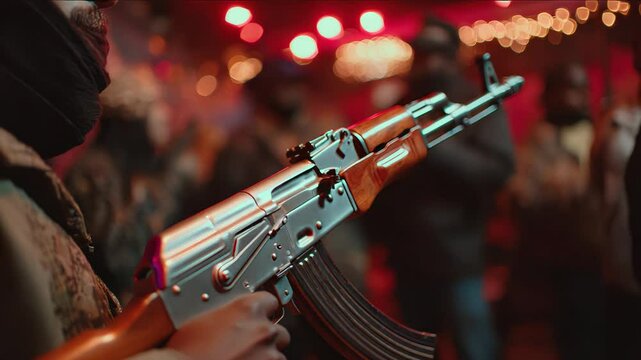 Armed Person Holding Assault Rifle in Celebratory Nighttime Crowd with Red Ambient Lighting