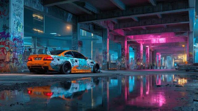 Urban Nightscape: Tuned Car Under Graffiti Bridge with Neon Lights and Reflections in Puddles