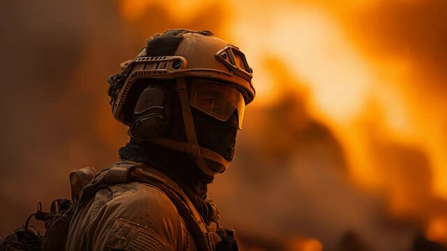 Firefighter in Protective Gear Faces Intense Flames in Fiery Background